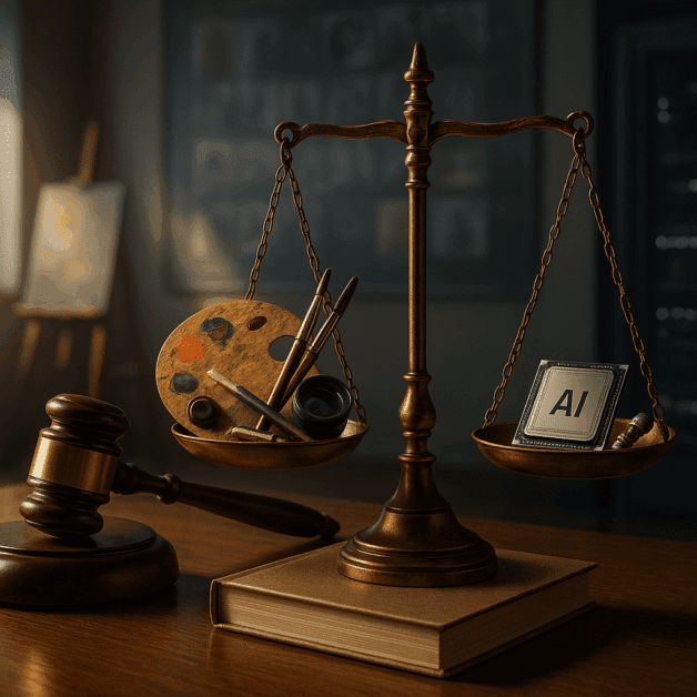 Legal Scales with Ai Art and Camera Icons