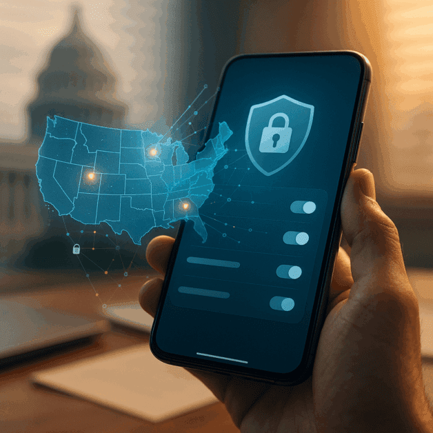 Privacy Laws Shield with App Icons Background