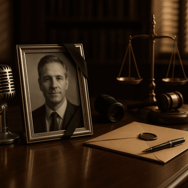 Ghostly Figure with Legal Scales and Documents