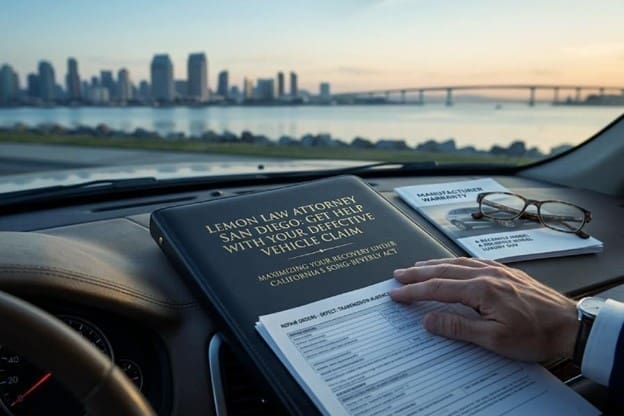Inside a Car, a Binder Labeled 'lemon Law Attorney, San Diego' Rests on the Dashboard with a Hand on Legal Forms; Glasses and Brochures Are Nearby As a City Skyline and Bridge Appear Through the Windshield.