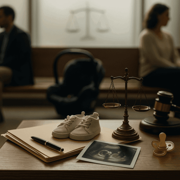Family Court Gavel Beside Baby Blocks and Custody Papers