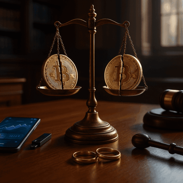 Bitcoin Scales Balancing with Gavel and Wedding Rings