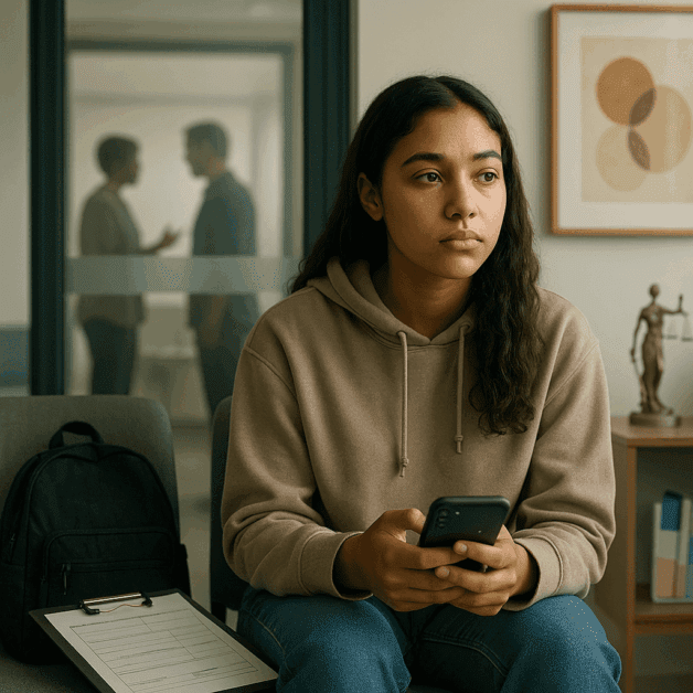 Teen at Clinic Desk with Concerned Expression