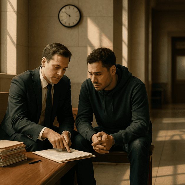 Public Defender Consulting with Client in Courtroom