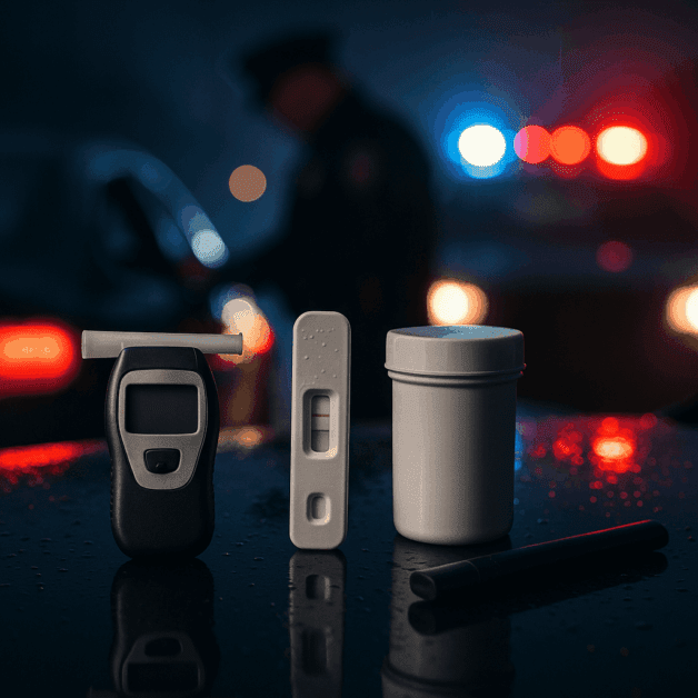 Marijuana Leaf Beside Car Keys and Breathalyzer