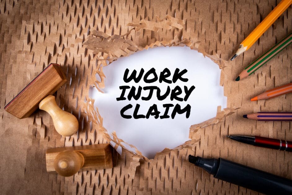 'work Injury Claim' Written on Torn White Paper Surrounded by Cardboard and Markers/pencils.