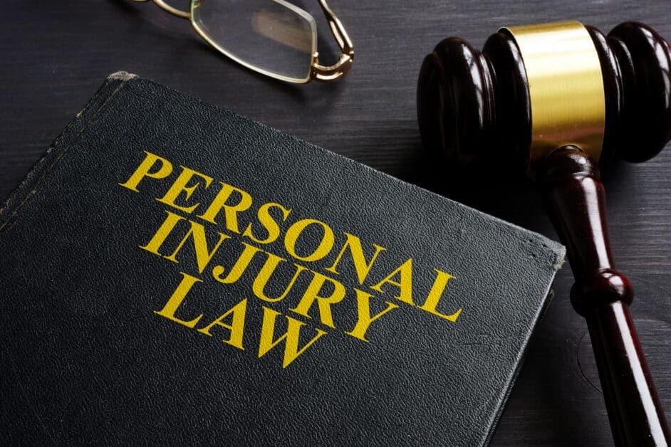Book Titled 'personal Injury Law' with a Judge's Gavel and Glasses on a Dark Desk (legal Imagery)