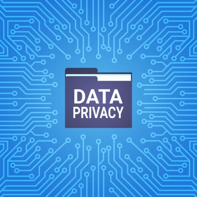 Dark purple folder labeled 'DATA PRIVACY' on a blue circuit-board background illustrating data protection concepts.