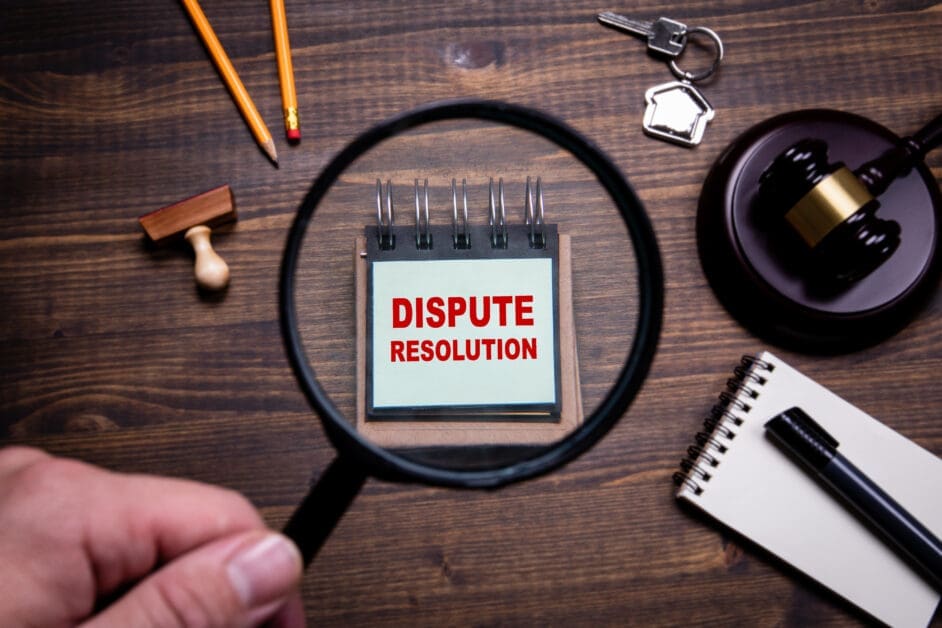 Magnifying Glass over a Desk Card That Reads Dispute Resolution, with Pencils, Stamp, Keys, Gavel, and Notepad Nearby on a Wooden Surface.