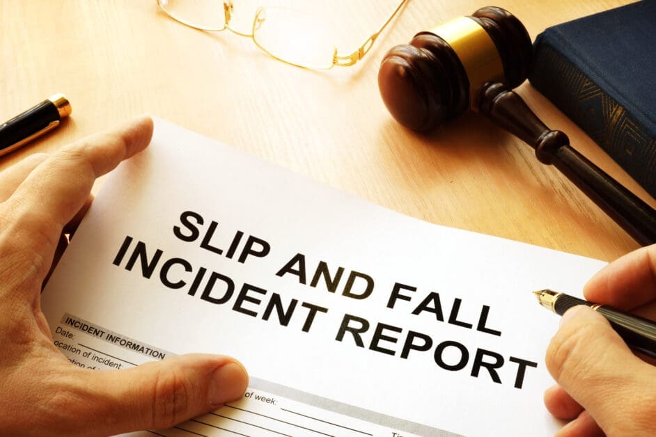 Hands Write on a Slip-and-fall Incident Report Form with a Pen, a Gavel, and Glasses on a Wooden Desk Nearby