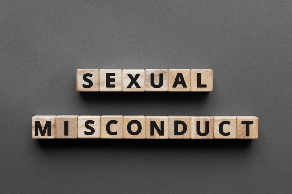 - Attorneys.Media - Legal Expert Interviews & Trusted Advice Wooden Letter Blocks Spell 'sexual Misconduct' on a Gray Background, Indicating the Topic.