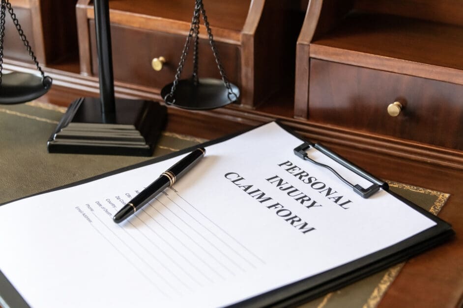 - Attorneys.Media - Legal Expert Interviews & Trusted Advice Close-up of a Desk with a Form Titled "personal Injury Claim Form," a Black Pen, and Scales of Justice in the Background on a Wooden Surface.