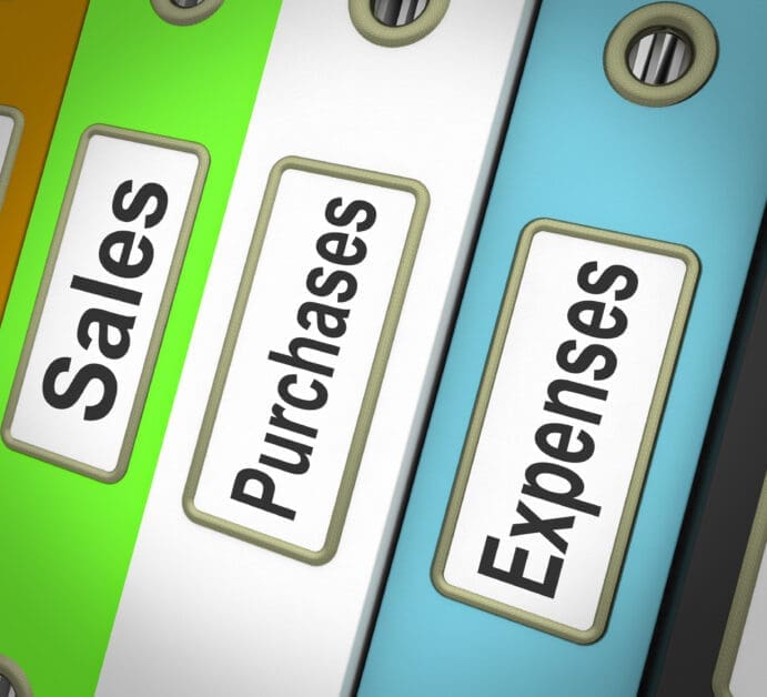 - Attorneys.Media - Legal Expert Interviews & Trusted Advice Close-up of Colorful Binder Spines with Name Tags Reading 'sales', 'purchases', and 'expenses'