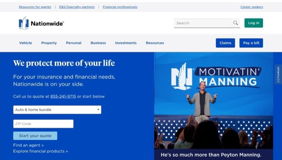 Nationwide Homepage Hero with a Blue Left Panel Containing a 'we Protect More of Your Life' Headline and a Quote Form; Right Shows a Presenter on a Blue Stage Backdrop Beneath a Banner Image.