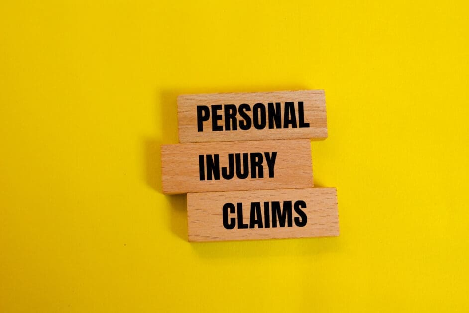 Stacked Wooden Blocks Spell out 'personal Injury Claims' Against a Bright Yellow Background.