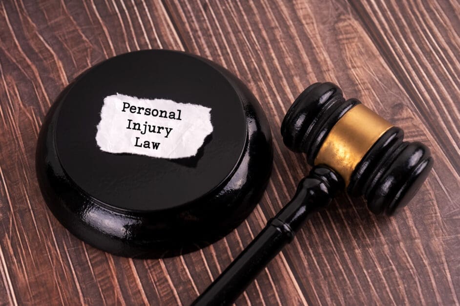 Gavel Resting Beside a Round Black Judge’s Block with a Torn Label That Reads 'personal Injury Law'.