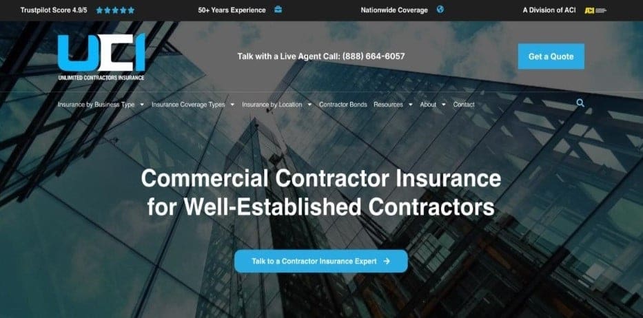 Hero Banner for a Contractor Insurance Site with a Glass Building Backdrop and Bold White Headline: 'commercial Contractor Insurance for Well-established Contractors' Plus a Blue Cta Button.