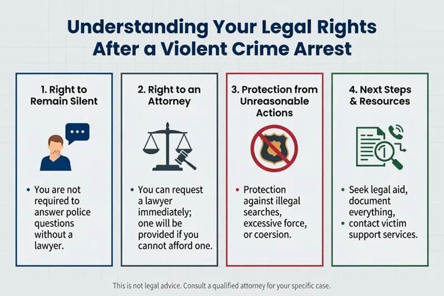Understanding Your Legal Rights After a Violent Crime Arrest: Four Panels Cover 1) Right to Remain Silent, 2) Right to an Attorney, 3) Protection from Unreasonable Actions, 4) Next Steps and Resources.