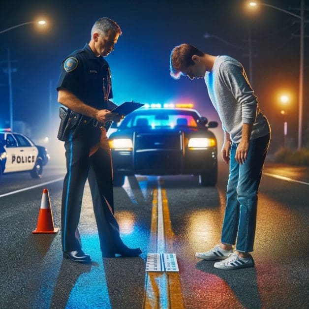 Driver Undergoing Field Sobriety Test by Police Officer at Night